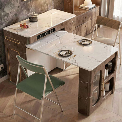 60"-79"Retro Marble Kitchen Island with Extendable Dining Table & Built-in Power Station