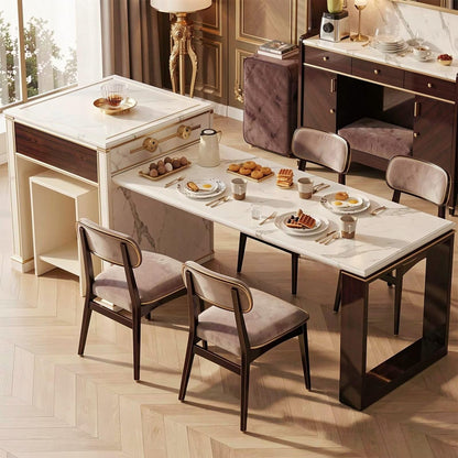 60"-79"Modern Kitchen Island with Marble Top, Wooden Base & Integrated Dining Table