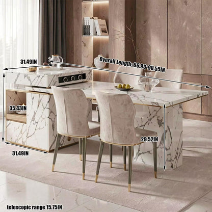 60"-79"Luxury Marble Kitchen Island with Dining Table, Built-in Power Station & Gold Trim