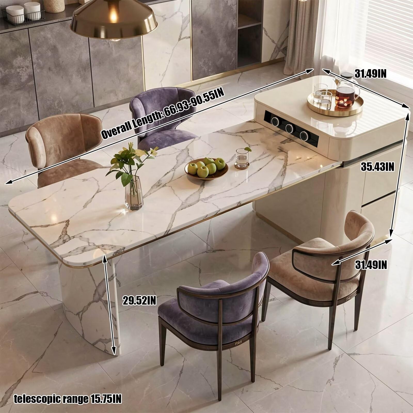 60"-79"Marble Kitchen Island Dining Combo with Built-in Outlets & Storage Drawers