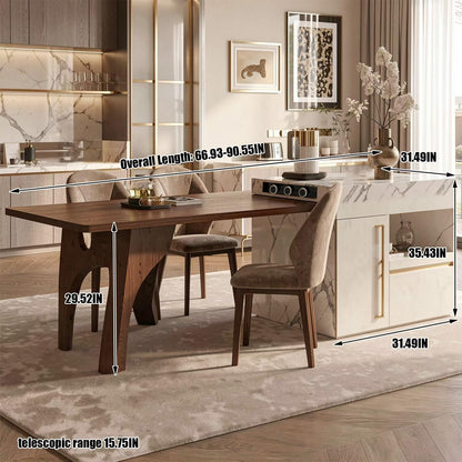 60"-79"Wood & Marble Kitchen Island with Dining Table, Storage Cabinet & Power Station