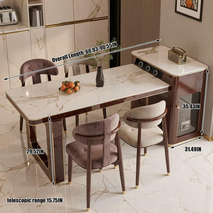 60"-79"Luxury Marble Kitchen Island with Dining Table, Wine Cabinet & Built-in Power Station