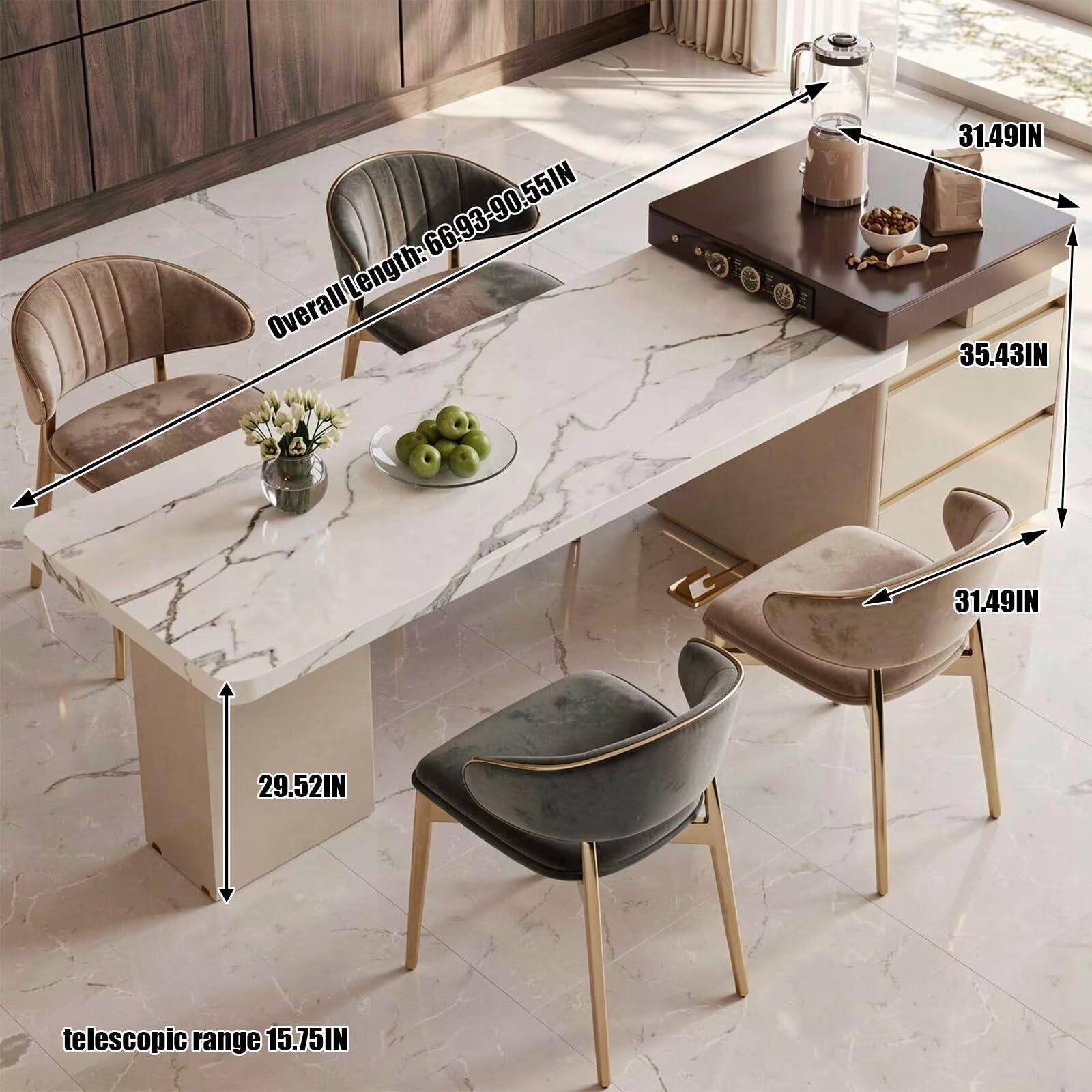 60"-79"Marble Kitchen Island Dining Combo with Built-in Power Station & Drawer Storage