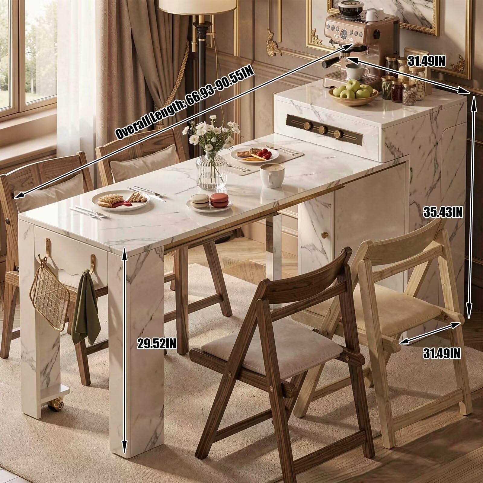 60"-79"Rolling Marble Kitchen Island Dining Combo with Built-in Power Strip & Coffee Station
