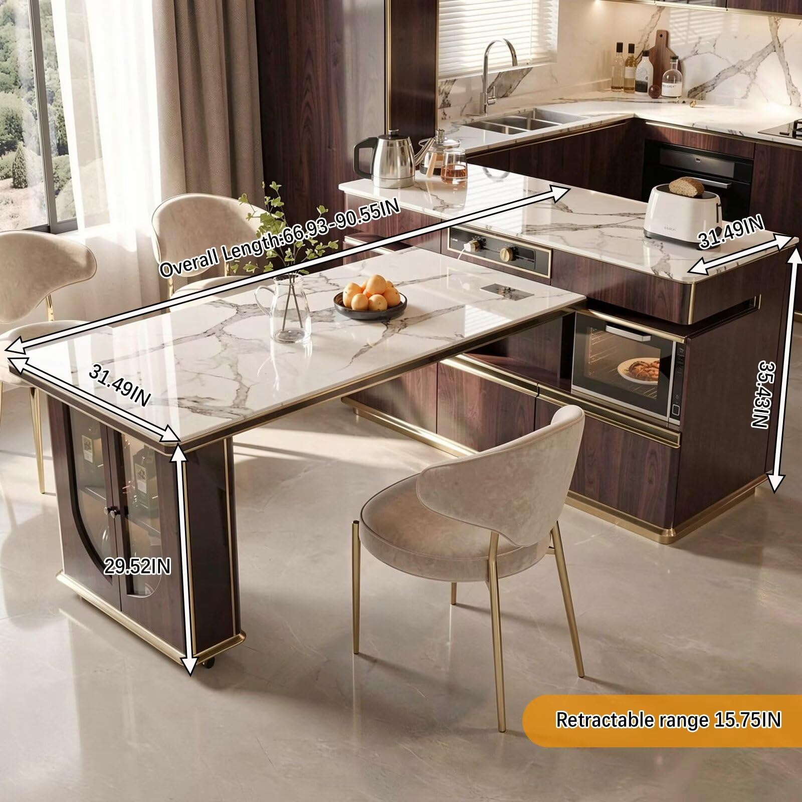 60"-79"Elegant Marble Kitchen Island Dining Set with Appliance Storage & Built-in Outlets
