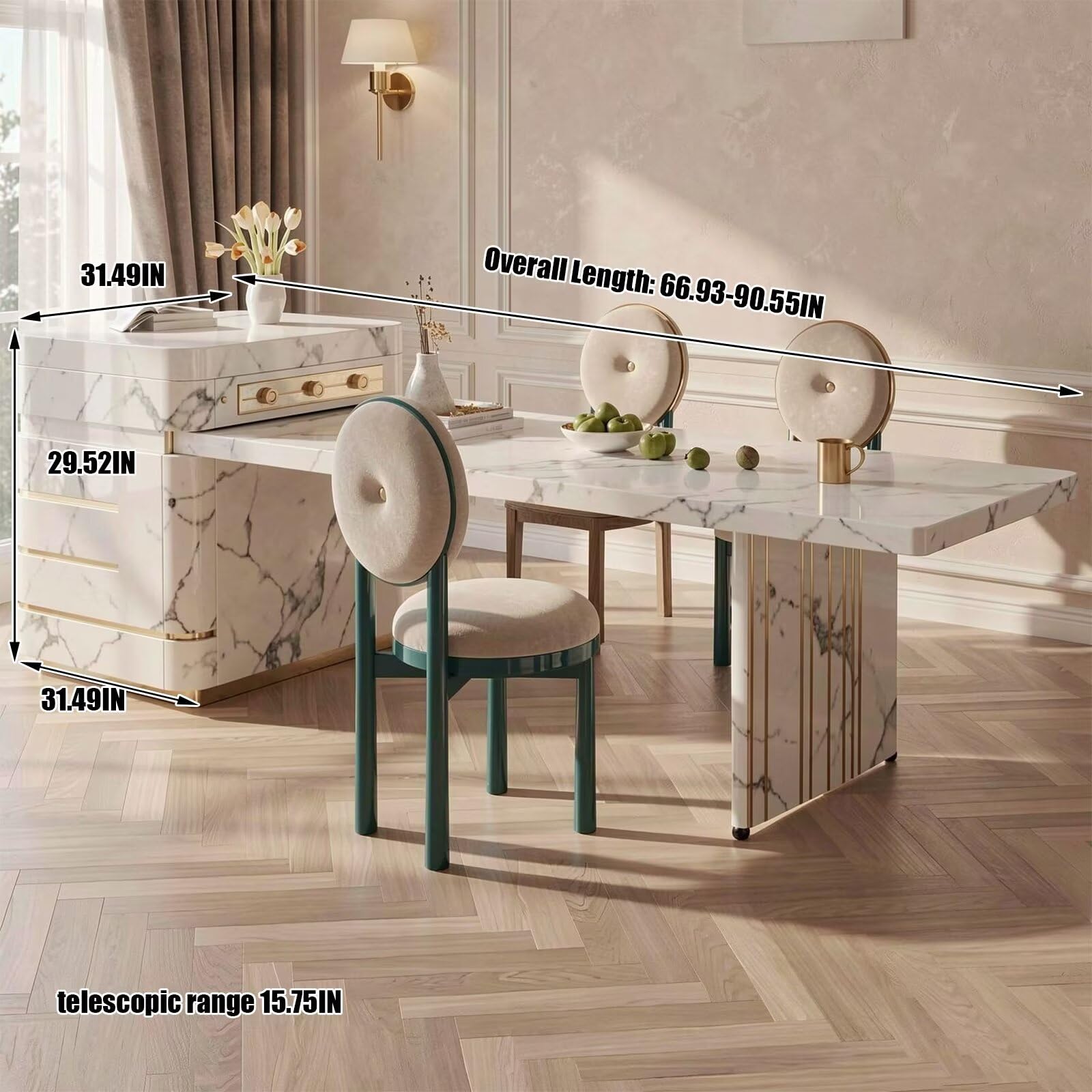 60"-79"Modern Calacatta Marble Kitchen Island with Integrated Dining Table & Storage