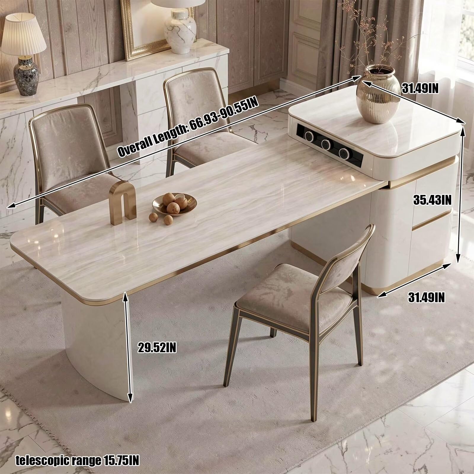 60"-79"Cream Marble Kitchen Island Dining Combo with Built-in Outlets & Storage Drawers
