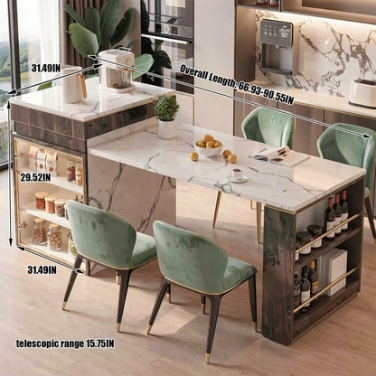 60"-79"Wood & Marble Kitchen Island Dining Combo with Built-in Power Strip & Open Storage Shelves