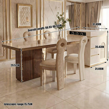 60"-79"Elegant French Style Kitchen Island with Marble Dining Table &amp; Storage Cabinet