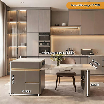 60"-79"Modern Kitchen Island Dining Combo with Marble Top, LED Light & Built-in Outlets