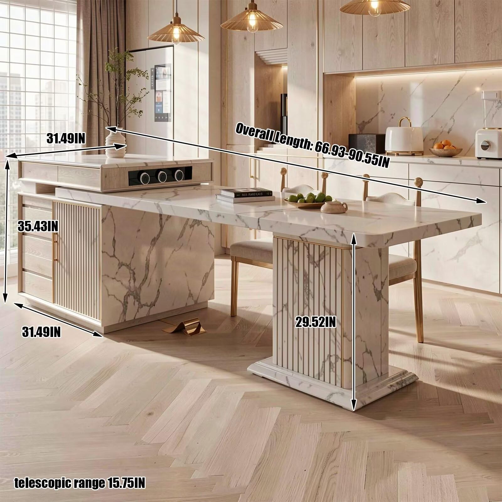 60"-79"Luxury White Marble Kitchen Island with Extendable Dining Table & Gold Trim