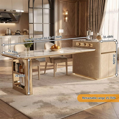 60"-79"Elegant Marble Kitchen Island Dining Set with Gold Metal Base & Built-in Power Station