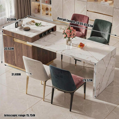 60“-79”Wood &amp; Marble Kitchen Island with Dining Table, Tea Station &amp; Built-in Power Station
