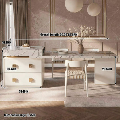 60"-79"Elegant Calacatta Marble Kitchen Island with Dining Table & Storage Cabinet