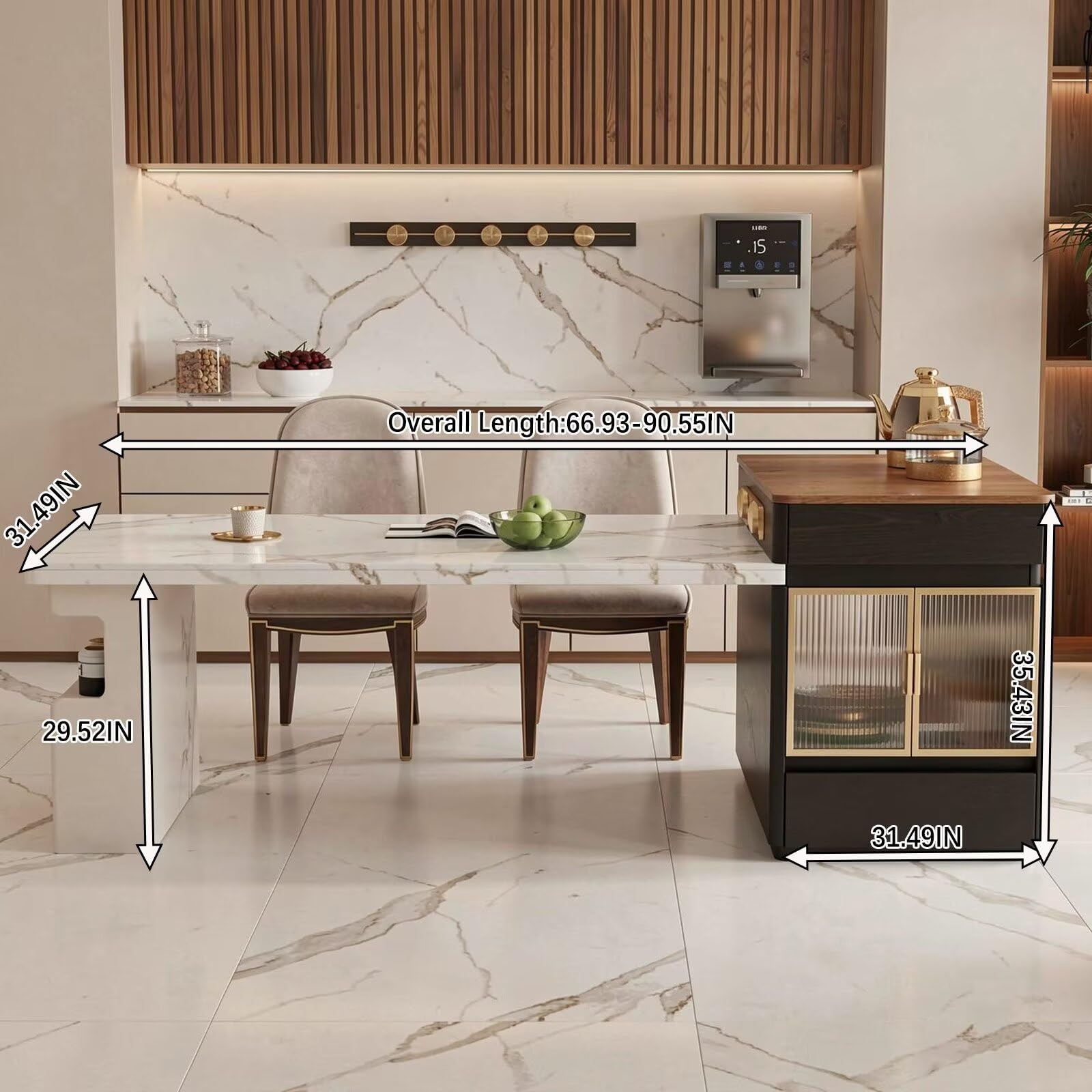 60"-79"Marble & Wood Kitchen Island Dining Combo with Built-in Storage Cabinet
