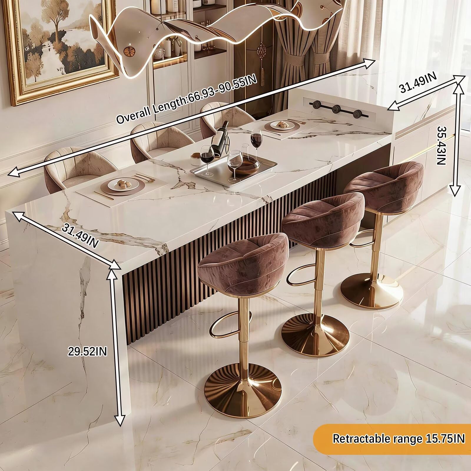 60"-79"Modern Marble Kitchen Island Bar Combo with Built-in Outlets & Gold Accents