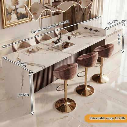 60"-79"Modern Marble Kitchen Island Bar Combo with Built-in Outlets & Gold Accents