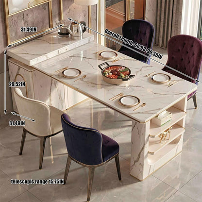 60"-79"Elegant Marble Kitchen Island Dining Set with Built-in Tea Station & Open Shelves