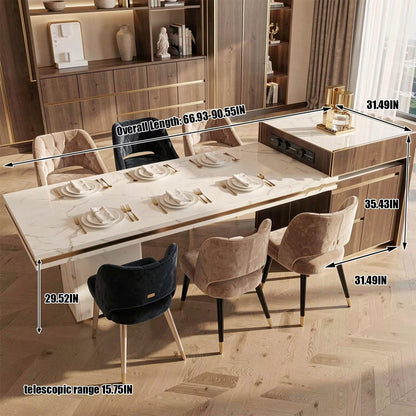 60"-79"Wood & Marble Kitchen Island Dining Combo with Built-in Power Station & Storage Cabinet