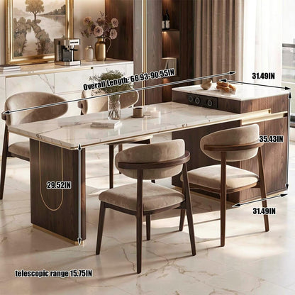 60"-79"Contemporary Marble & Walnut Kitchen Island with Built-in Outlets & Side Cabinet