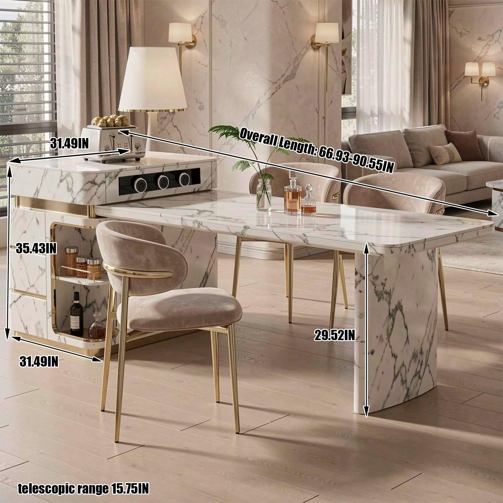 60"-79"White Marble Kitchen Island Dining Combo with Built-in Outlets & Side Wine Storage