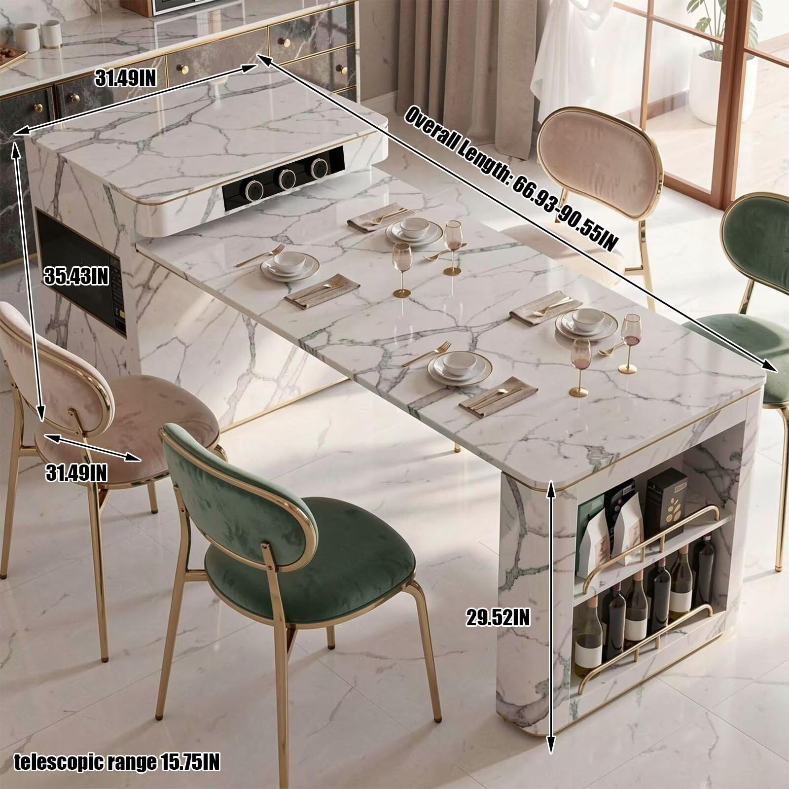 60"-79"Marble Kitchen Island Dining Table with Wine Rack & Storage, Luxury Gold Trim