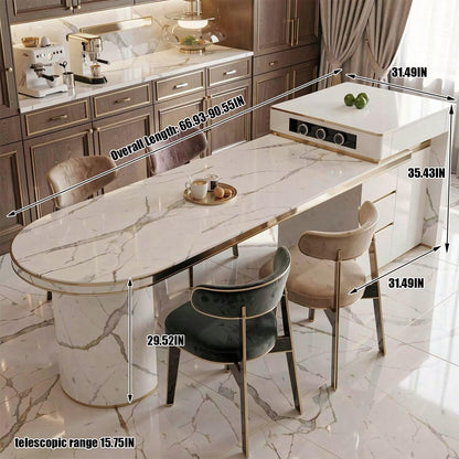 60"-79"White Marble Oval Kitchen Island Dining Combo with Built-in Outlets & Storage
