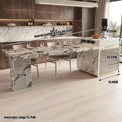 60"-79"Luxury Marble Kitchen Island Dining Combo with LED Light & Gold Trim Storage
