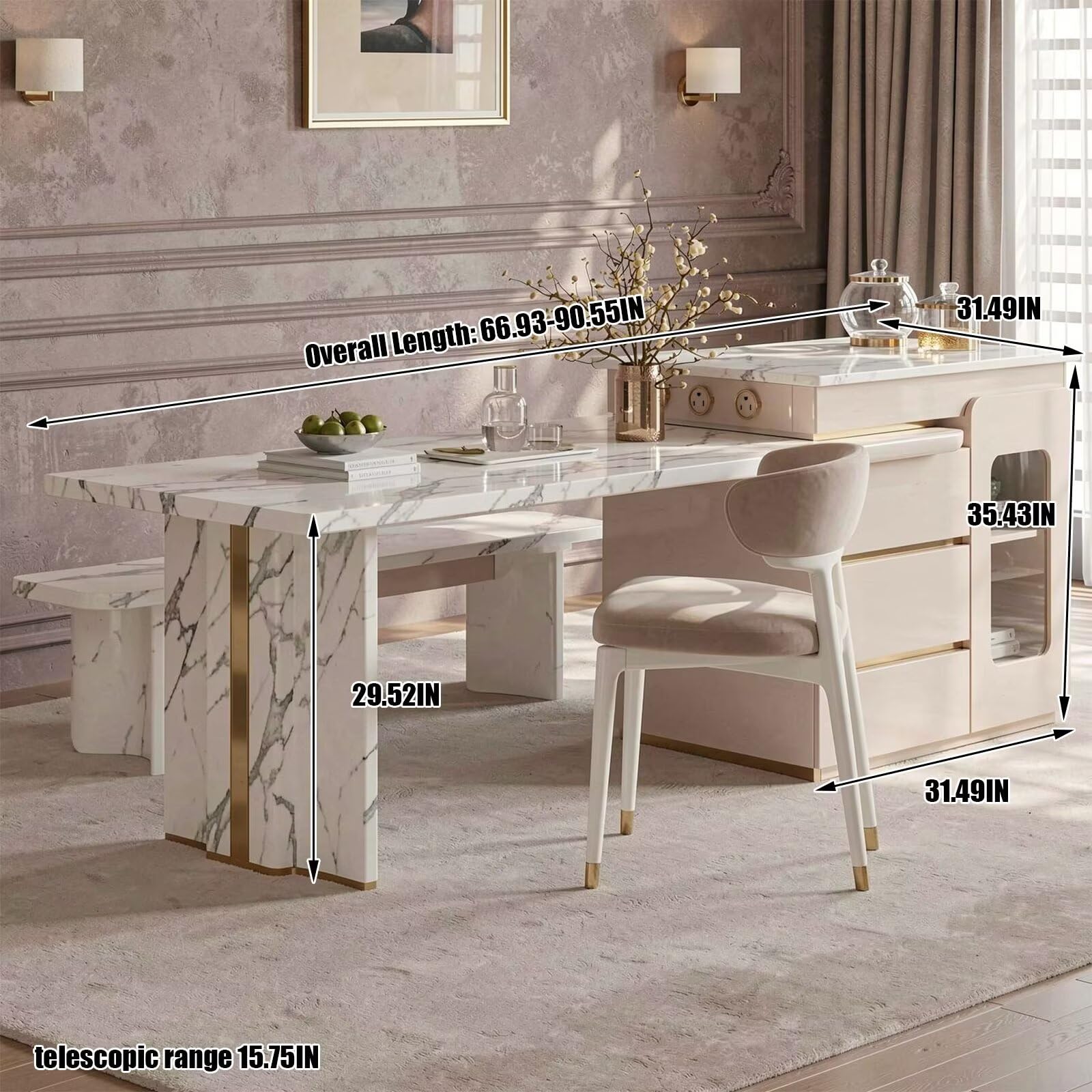 60"-79"White Marble Kitchen Island Dining Combo with Built-in Outlets & Storage Drawers