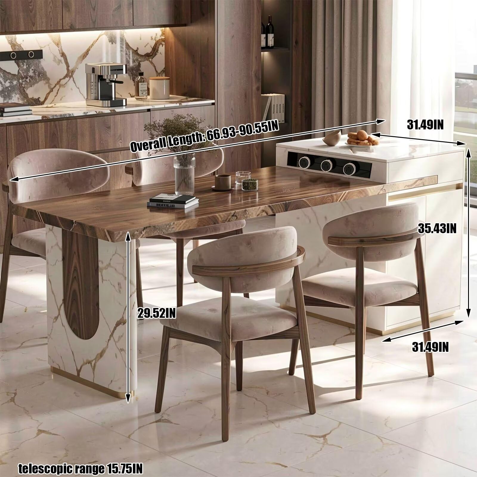 60"-79"Wood & Marble Kitchen Island Dining Table Combo with Built-in Outlets, Modern Luxury