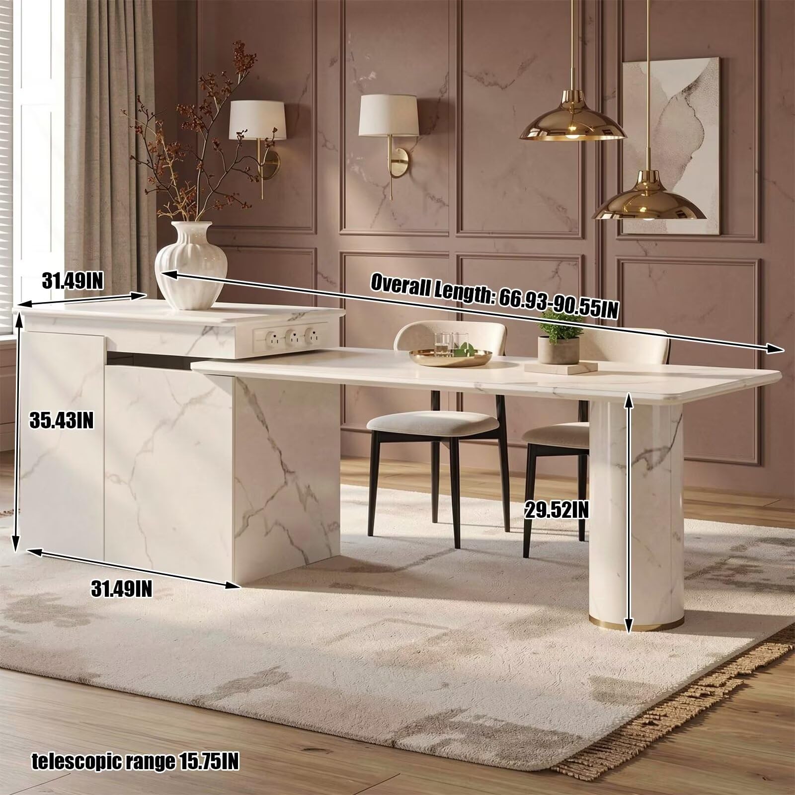 60"-79"Modern Marble Kitchen Island with Extendable Dining Table & Built-in Power Outlets