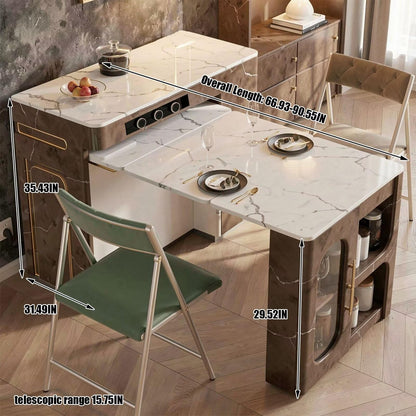 60"-79"Retro Marble Kitchen Island with Extendable Dining Table & Built-in Power Station