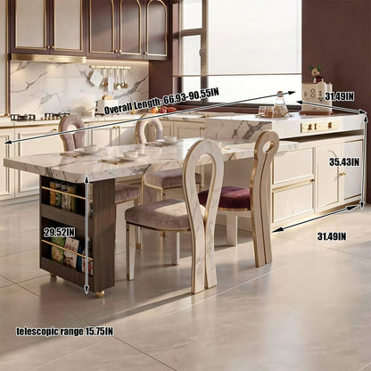60"-79"Modern Calacatta Marble Kitchen Island with Integrated Dining Table & Gold Trim