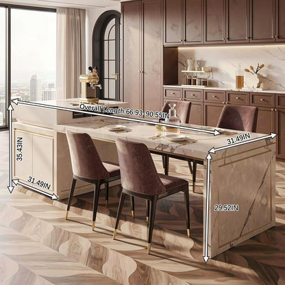60"-79"Luxury Marble Kitchen Island with Integrated Dining Table & Side Storage Cabinet