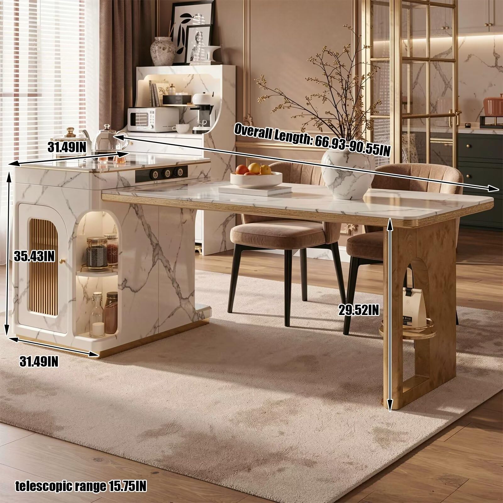 60"-79"Luxury Marble & Wood Kitchen Island with Integrated Dining Table & Tea Station