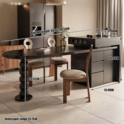 60"-79"Modern Dark Wood Kitchen Island with Oval Dining Table & Built-in Outlets