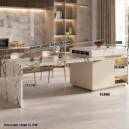 Elegant Italian Style Kitchen Island with Marble Top, Gold Base & Built-in Power Hub