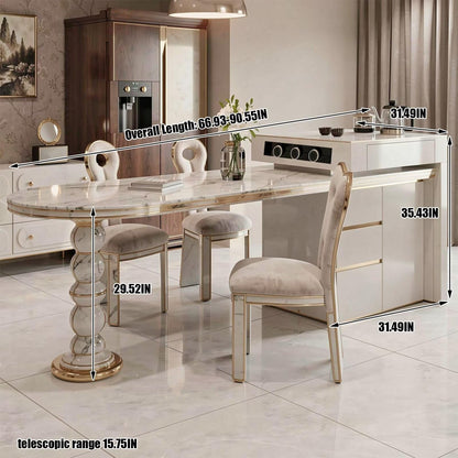 60"-79"Luxury Oval Marble Kitchen Island with Gold Trim, Built-in Power & Cabinet Storage