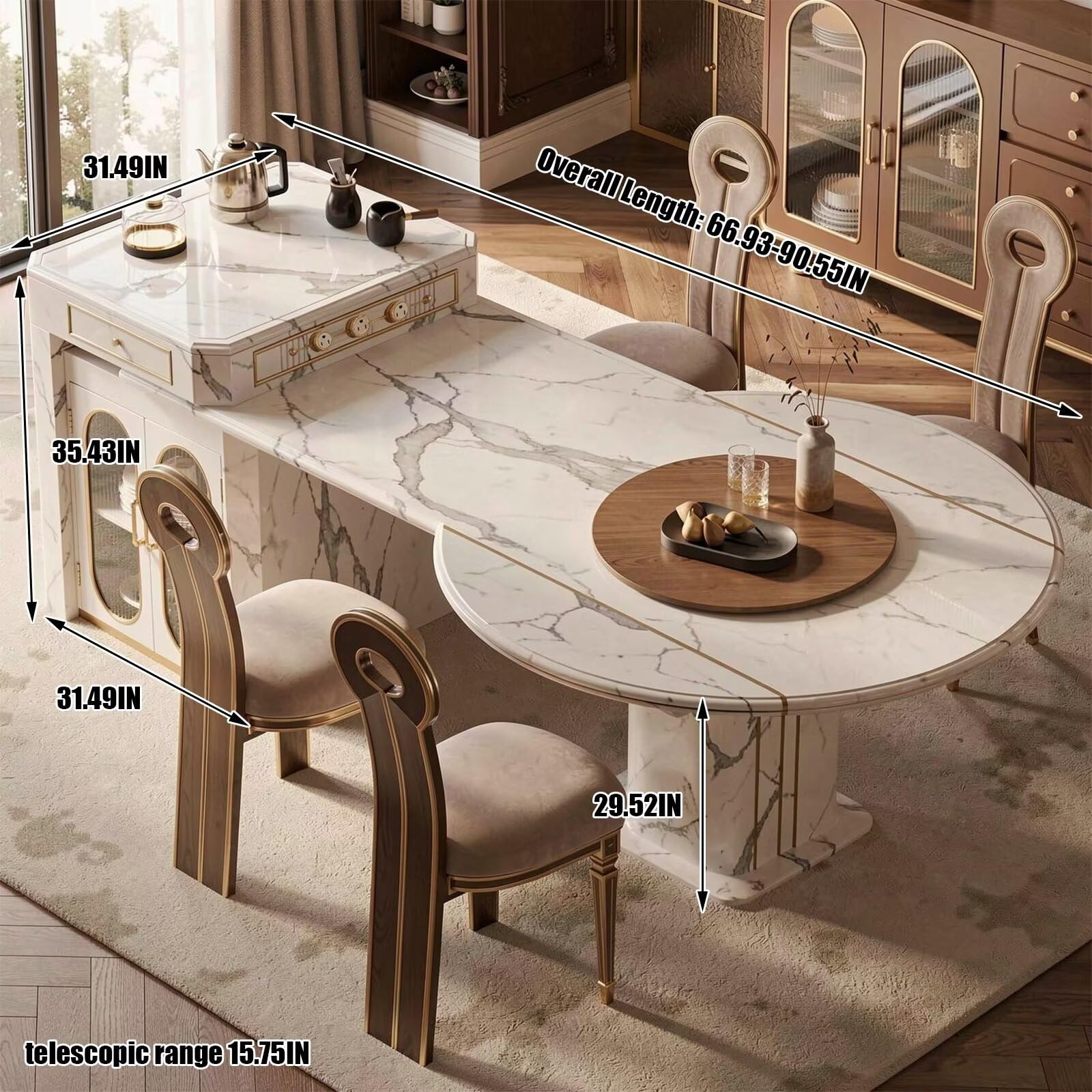60"-79"Marble Kitchen Island Dining Combo with Built-in Outlets, Storage & Lazy Susan