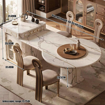 60"-79"Marble Kitchen Island Dining Combo with Built-in Outlets, Storage & Lazy Susan