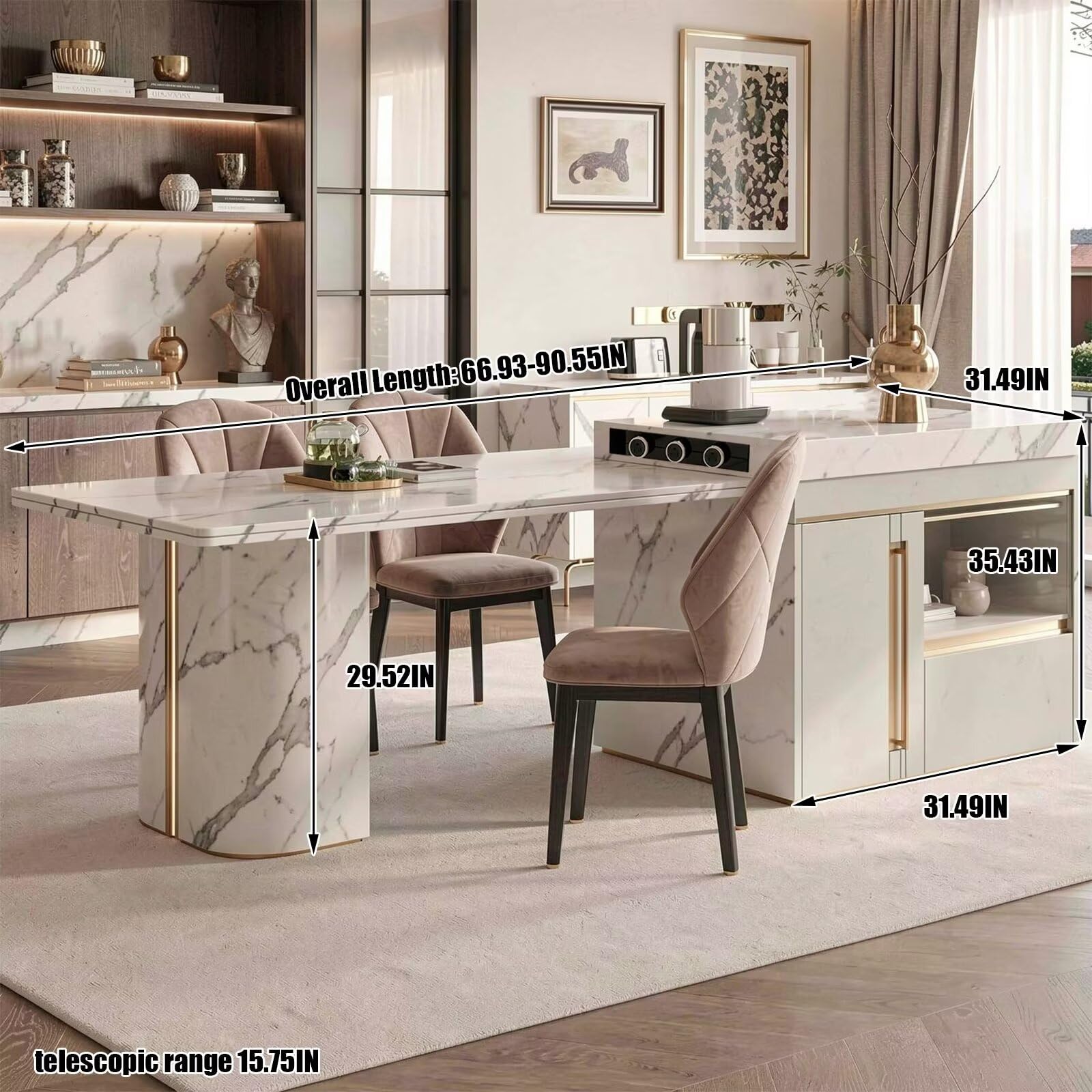60"-79"Luxury White Marble Kitchen Island with Extendable Dining Table & Gold Trim