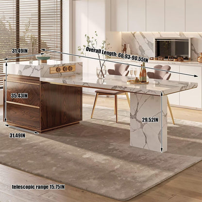 60"-79"Elegant Marble Kitchen Island Dining Set with Wood Accents & Integrated Storage