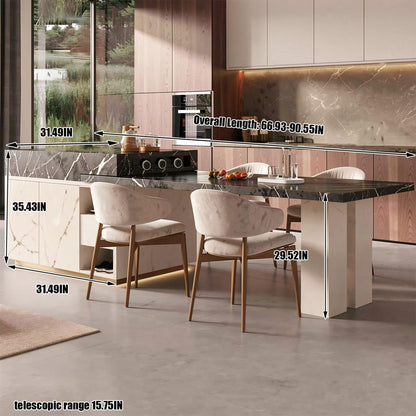 60"-79"Luxury Black Marble Kitchen Island with Dining Table, Built-in Power Station & Storage