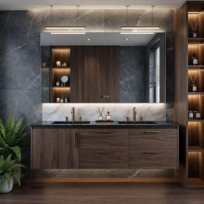 60"-96"Modern Wall-Mounted Bathroom Vanity with Double Sinks & Rose Gold Hardware