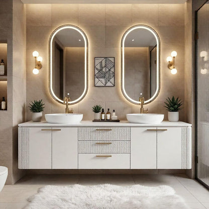 60"-84"Floating Bathroom Vanity with Double Sink, LED Oval Mirror & Reeded Cabinet Doors