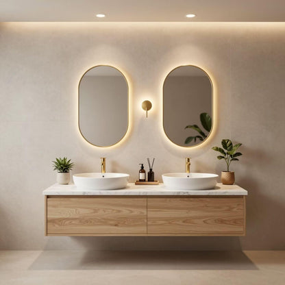 60"-84"Natural Oak Wall-Mounted Vanity with Marble Top & Soft-Close Storage Drawers