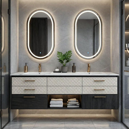 60"-96"Modern Floating Bathroom Vanity with Double Sinks & LED Oval Mirrors