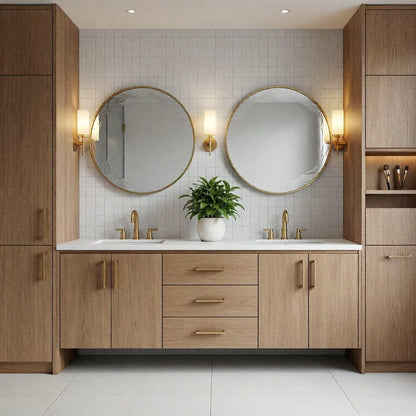 60"-96"Modern Light Oak Floating Bathroom Vanity with Double Sinks & Marble Top