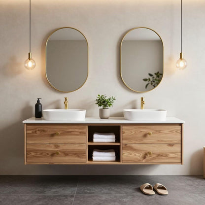 60"84"Modern Floating Oak Bathroom Vanity with Double Sinks & Gold Framed Oval Mirrors