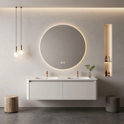 60"-84"Modern Floating Bathroom Vanity Set with LED Round Mirror & Rose Gold Handles